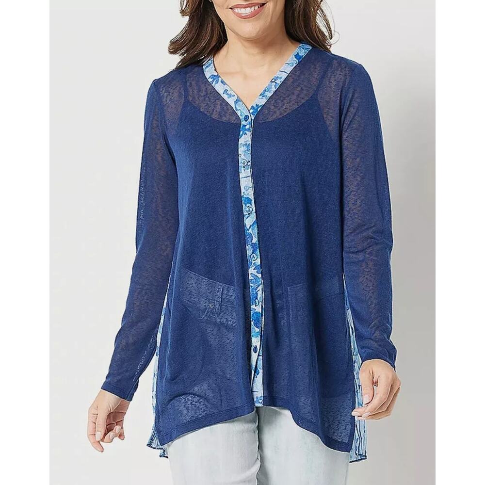 LOGO by Lori Goldstein Sz XL Sweaterknit Sheer Cardigan Printed Back Blue Depths